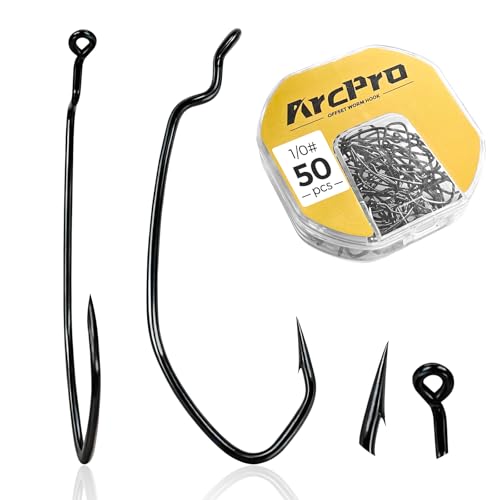 EWG Offset Worm Hooks - High Carbon Steel Bass Fishing Hooks - 50pcs 1/0