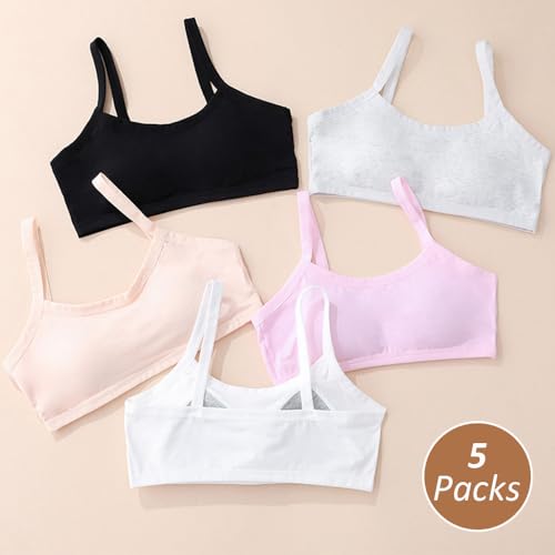 YoBeLove Teen Girls 5 Pack Cotton Wireless Sports Bras - Multicolor 12-16 Years