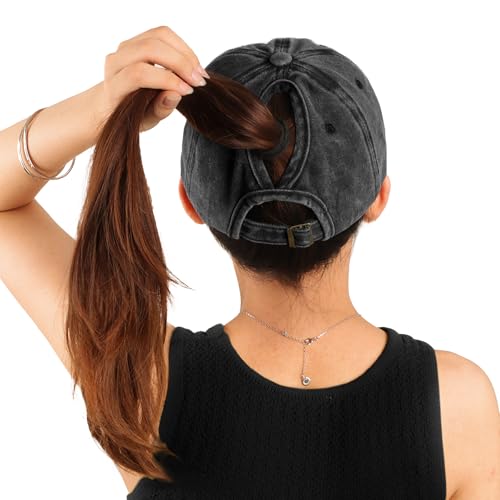 HeyCaps Women's Distressed Ponytail Baseball Cap - Black Heart Variation