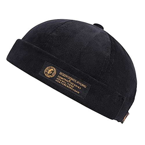 Men's Black Docker Cap with Rolled Cuff - Adjustable Sailor Beanie Hat, One Size