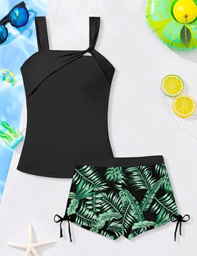 Girls Tankini Swimsuit Set - Square Neck Padded Top & Drawstring Shorts, Sizes 9-16T