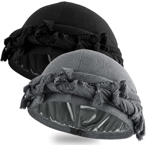 Ababalaya Unisex Satin Lined Halo Turban Durag Head Wrap Black/Grey - 2 Pack