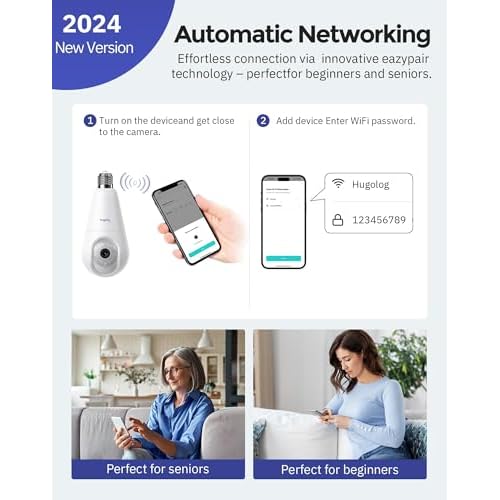 Hugolog 3K 5MP Light Bulb Security Cameras Wireless Outdoor-2.4GHz Cameras for Home Security Indoor with AI Sound Processing&Motion Detection,Color Night Vision,Auto Tracking,Siren Alarm,2-Way Talk