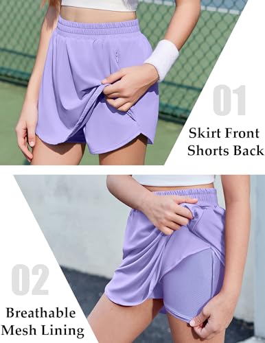 Girls 2 in 1 Athletic Shorts with Zipper Pockets - Lilac, 7-8 Years