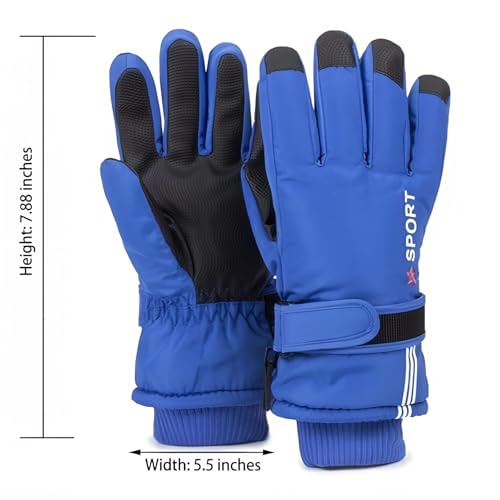 Kids Waterproof Ski Gloves - Warm Mittens for Ages 5-10 - Blue