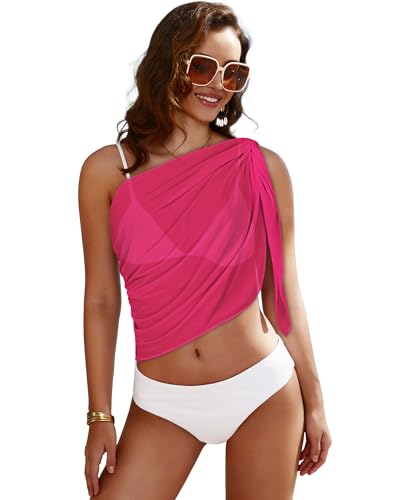Women's Mesh Sheer Beach Sarong Wrap Coverup - Rose Red