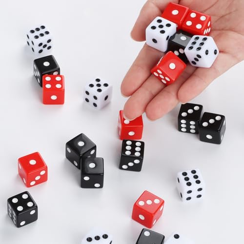50-Piece 16mm Standard Game Dice Set - Black, White, Red Acrylic Square Corner