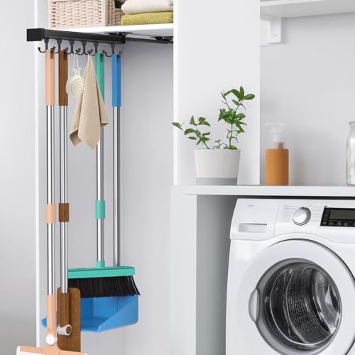 Pull Out Broom Holder With Adjustable Double Row Sliding Hook, Multifunctional Slide Broom And Mop Storage/Organizer Garage Organization Hooks, for Closet Laundry Garage - 36cm/14.17in