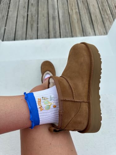Women's Non-Slip Pilates Socks with Ruffle Cuff & Embroidery - Blue