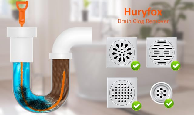 Huryfox Drain Clog Remover Tool- 12 Pack 20 Inch Length Drain Cleaner Sticks for Sink, Pipe and Tub - Plumbing unclogger Tool for Clogged Drains in Shower, Hair Catcher for bathroom, kitchen, Bathtub