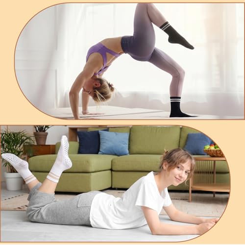 Pilates Grip Socks for Women - Striped 4 Pairs in White, Khaki, Brown, Black