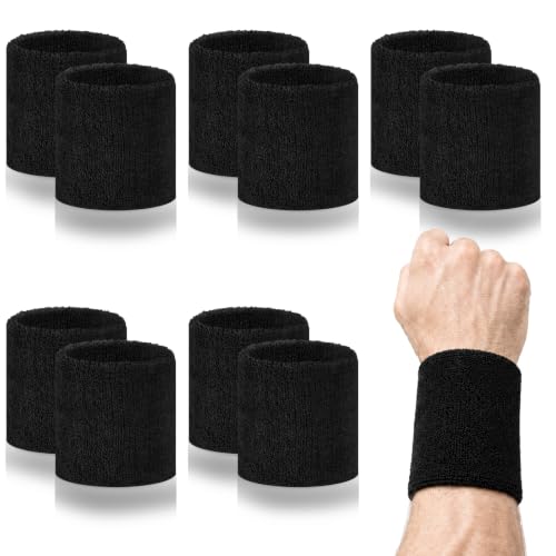 Wrist Sweatbands for Sports - 10 Pack, Absorbent Cotton, Black