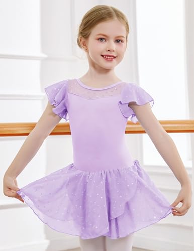 Zaclotre Girls Ballet Leotard with Ruffle Sleeves & Sparkle - Light Purple 4-5T
