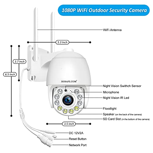 HOSAFE.COM Cameras for Home Security Outdoor WiFi, Plug-in 24/7 Video Surveillance System, Spotlight Color Night Vision, Human Motion Detection, PTZ Auto Tracking, Two Way Talk, Waterproof