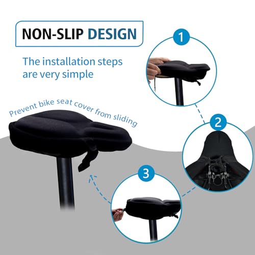 HUIOK Black Wide Gel Bike Seat Cushion for Women & Men, Fits Spin/Stationary/Cruser Bikes