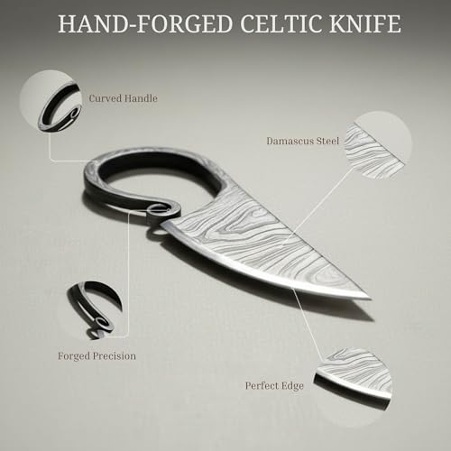 Hand Forged Celtic Viking Knife - Damascus Steel Fixed Blade with Leather Sheath