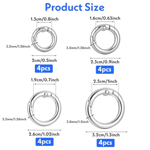 16 PCS Metal Spring Round Carabiner Clips - 4 Sizes O Rings