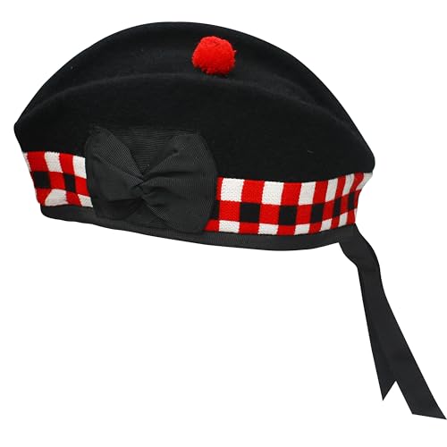 UMAM Scottish Glengarry Cap 7 3/4 Black & Red Diced Wool Traditional Hat