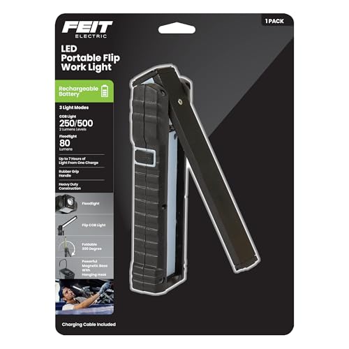 Feit Electric Compact Handheld LED Work Light Flashlight with 250/500 Lumens Ultra Bright, Magnetic Base, Hanging Hook, 6500K Daylight, Foldable and Rechargeable Handheld Flood Light - WORK500BAT