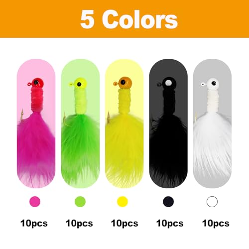 INFISHCEO 50Pcs Feather Jig Hooks Kit 1/16oz 1/32oz 3.5g Fishing Lures