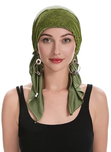 ZLYC Green Lace Pre-Tied Chemo Headwear Lightweight Beanie for Women
