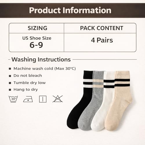 Women's Striped Cotton Crew Socks - Comfortable Athletic Socks, 4 Pairs
