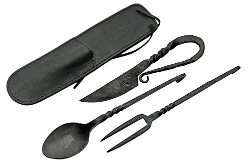 SZCO Medieval Feasting Utensil Set 3-Piece Hand-Forged Cutlery with Leather Pouch