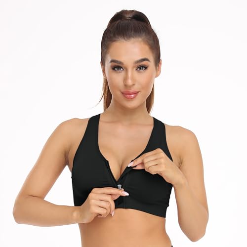 Zip Front Sports Bra for Women - Wireless Mastectomy Bra - Large Black+Grey 2 Pack