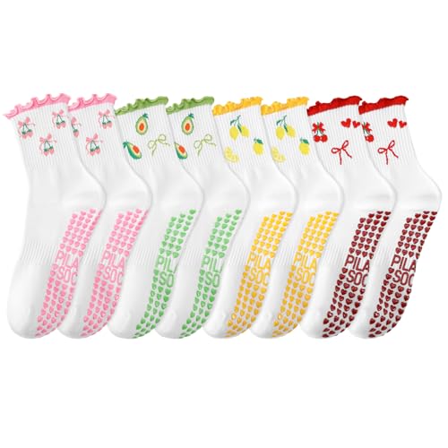 Non-Slip Pilates Grippy Socks for Women - Ruffle Design, 4 Pairs - Red Pink Yellow Green