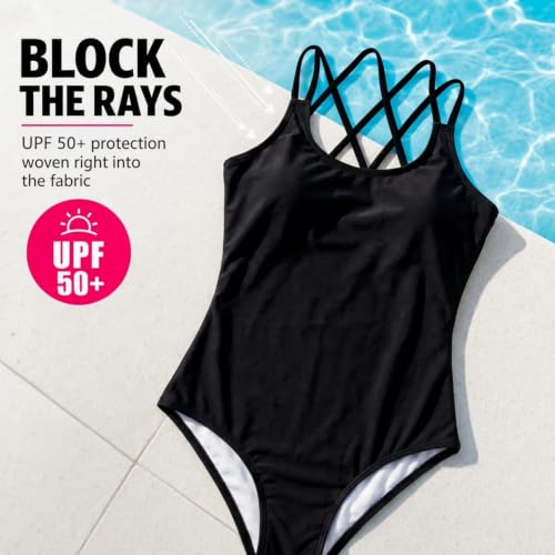 Reese UPF 50 Criss-Cross One Piece Swimsuit - Solid Black, Girls