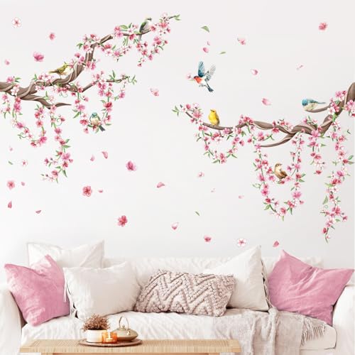Cherry Blossom Tree Branch Wall Decals Pink Peach Flower Wall Stickers Spring Floral Birds Wall Art Decor for Bedroom Hall Livingroom Office TV Backdrop with 3 Sheets (11.8 x 35.4 inches/1 Sheet