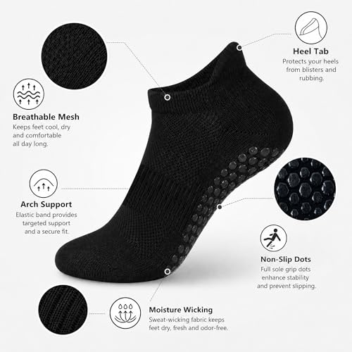 Non-Slip Pilates Socks with Grips for Women - Black, 2 Pack