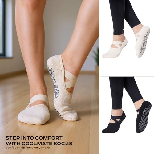 Pilates Socks with Grips for Women - Non-Slip, 2 Pairs Black/Beige