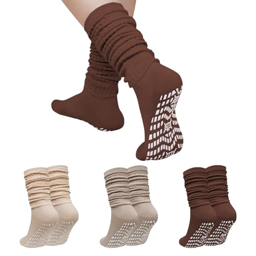 Non-Slip Slouch Socks with Grips - 3 Pairs Maillard, Size 9-11