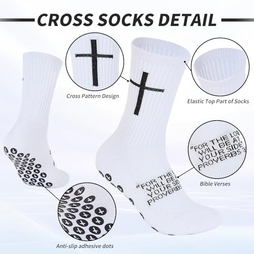 Cross Grip Non-Slip Soccer Socks - 2 Pairs with Bible Verse - Black & White