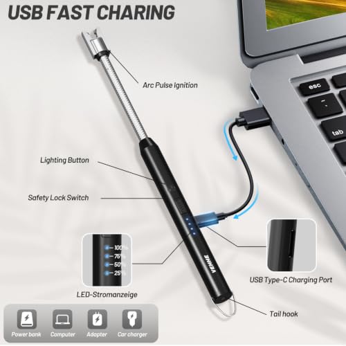 Electric Candle Lighter, USB-C Rechargeable Arc Lighter with Flexible Neck - Black