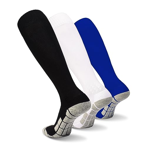 Knee High Soccer Socks - Youth & Adult, 3 Pairs - X-Large Black+White+Blue