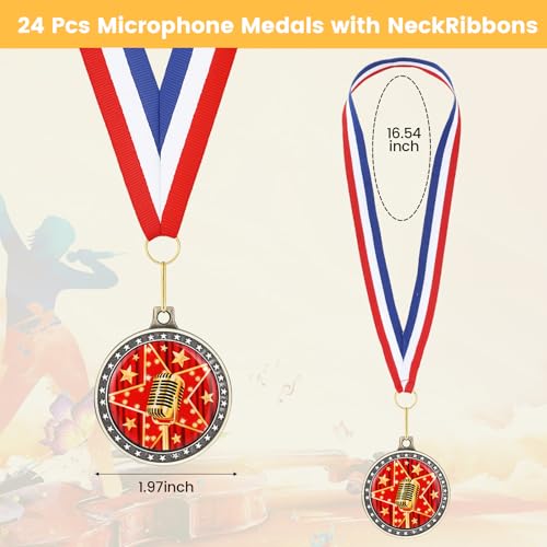 24 Red Microphone Medal Awards with Neck Ribbons for Music & Speech Competitions