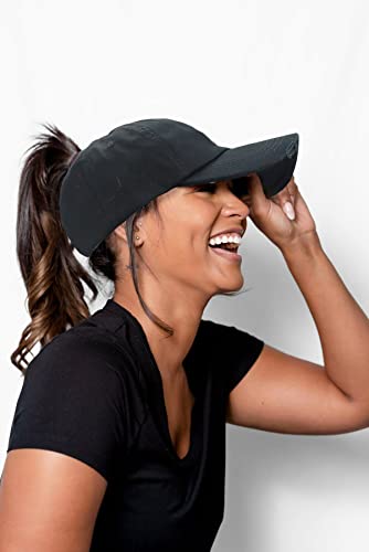 Distressed Ponytail Baseball Cap - Adjustable Cotton Hat - Black