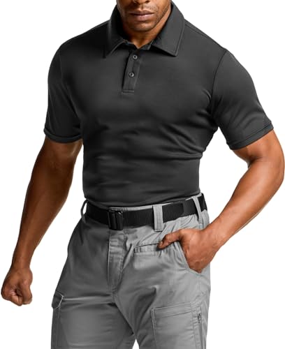CQR Men's Large Black Quick Dry Tactical Polo Shirt - Breathable Outdoor Golf & Activewear