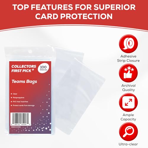 Resealable Trading Card Team Bags - 100 Pack Clear Card Sleeves for Storage