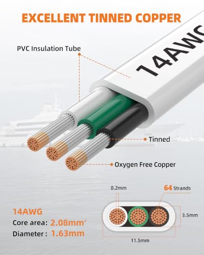CONEPY 14/3 Marine Wire 50FT - Tinned Copper Cable for Marine & RV Use