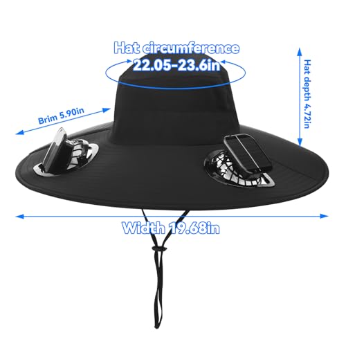 Solar Power Wide Brim Sun Hat with 2 Fans - USB & Solar Rechargeable Outdoor Hat for Men Women