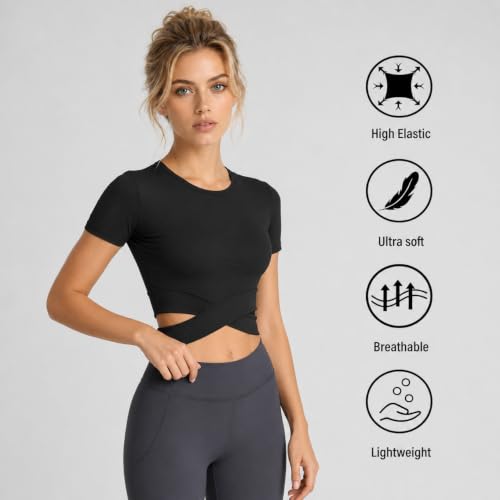 DREAM SLIM Medium Black Short Sleeve Crop Top for Women - Fitted Yoga & Workout Shirt