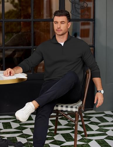 COOFANDY Men’s Quarter Zip Mock Neck Lightweight Sweatshirt Polo Top - Black, Medium