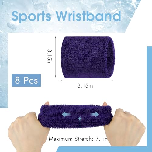 Absorbent Wrist Sweat Bands - 8 Pack for Men & Women - Purple