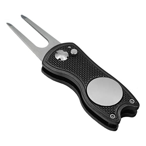 Foldable Golf Divot Repair Tool with Magnetic Ball Marker - Black