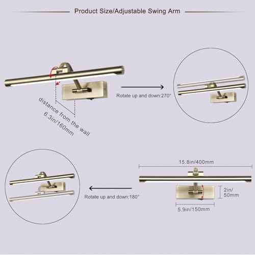 Antique Bronze LED Wireless Picture Lights for Wall Rechargeable, Battery Operated Art Light for Paintings, 3CCT Dimmable, 15.7 inch with Remote, Rotatable Gallery Light for Pictures Display