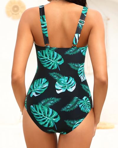 Tempt Me Women's One Piece Tummy Control Swimsuit XL Black Green-Leaves