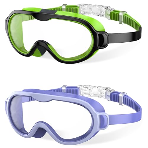 Swim Goggles for Kids 6-14 - Anti-Fog Anti-UV Wide View - 2 Pack - Black Green & White Purple